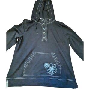 Conviction hoodie.  SZ L.  Navy blue/Teal .  Flower embroidery. EUC